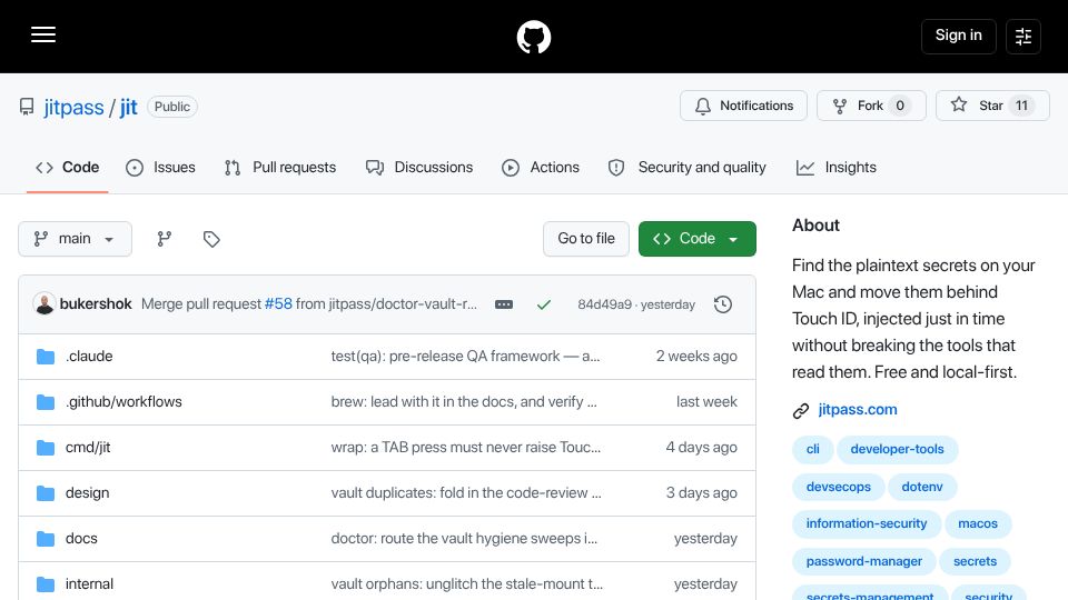 Screenshot of github.com: Show HN: Laptop is the last place your secrets are still in plaintext