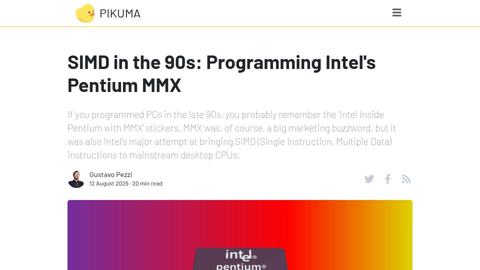 Screenshot of pikuma.com: SIMD in the 90s: Programming Intel's Pentium MMX