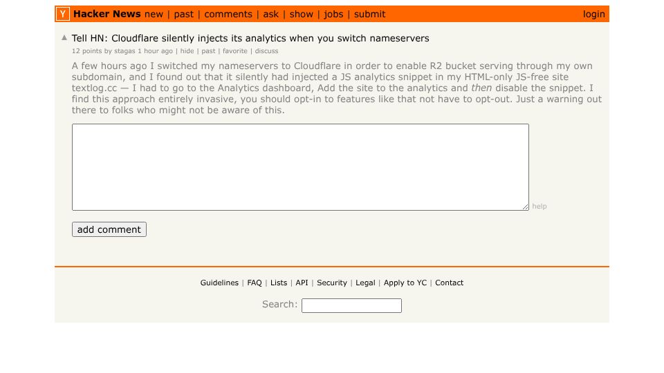 Screenshot of Hacker News post: Tell HN: Cloudflare silently injects its analytics when you switch nameservers