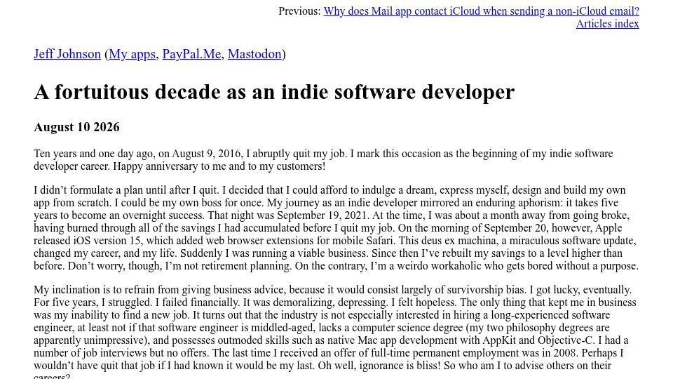 Screenshot of lapcatsoftware.com: A fortuitous decade as an indie software developer