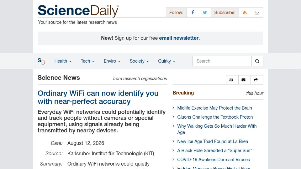 Screenshot of sciencedaily.com: Ordinary WiFi can now identify you with near-perfect accuracy