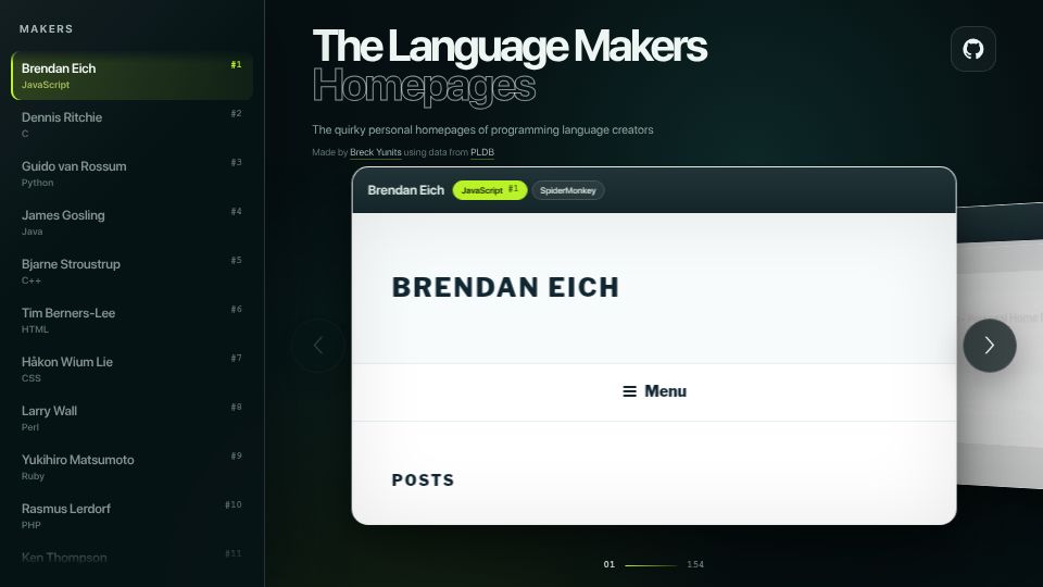 Screenshot of breck.lol: The quirky personal homepages of programming language creators