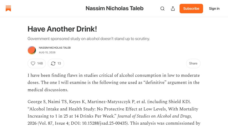 Screenshot of nntaleb.substack.com: Government sponsored study on alcohol doesn't stand up to scrutiny
