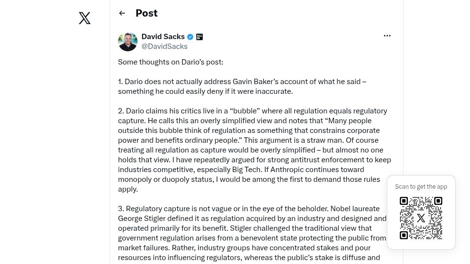 Screenshot of twitter.com: David Sacks on X: Some thoughts on Dario's post