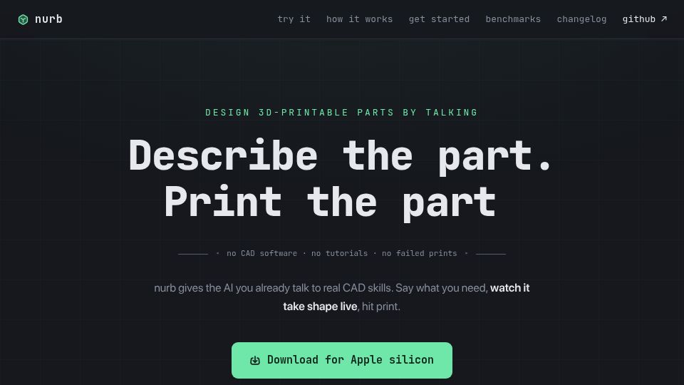 Screenshot of nurb.dev: Design 3D-printable parts by talking
