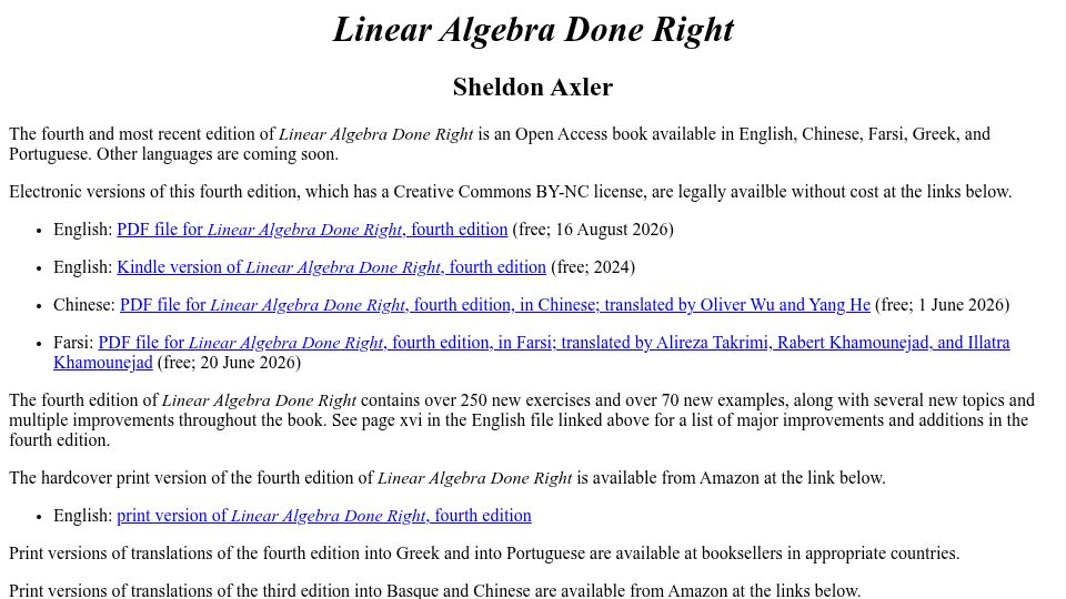 Screenshot of linear.axler.net: Linear algebra done right