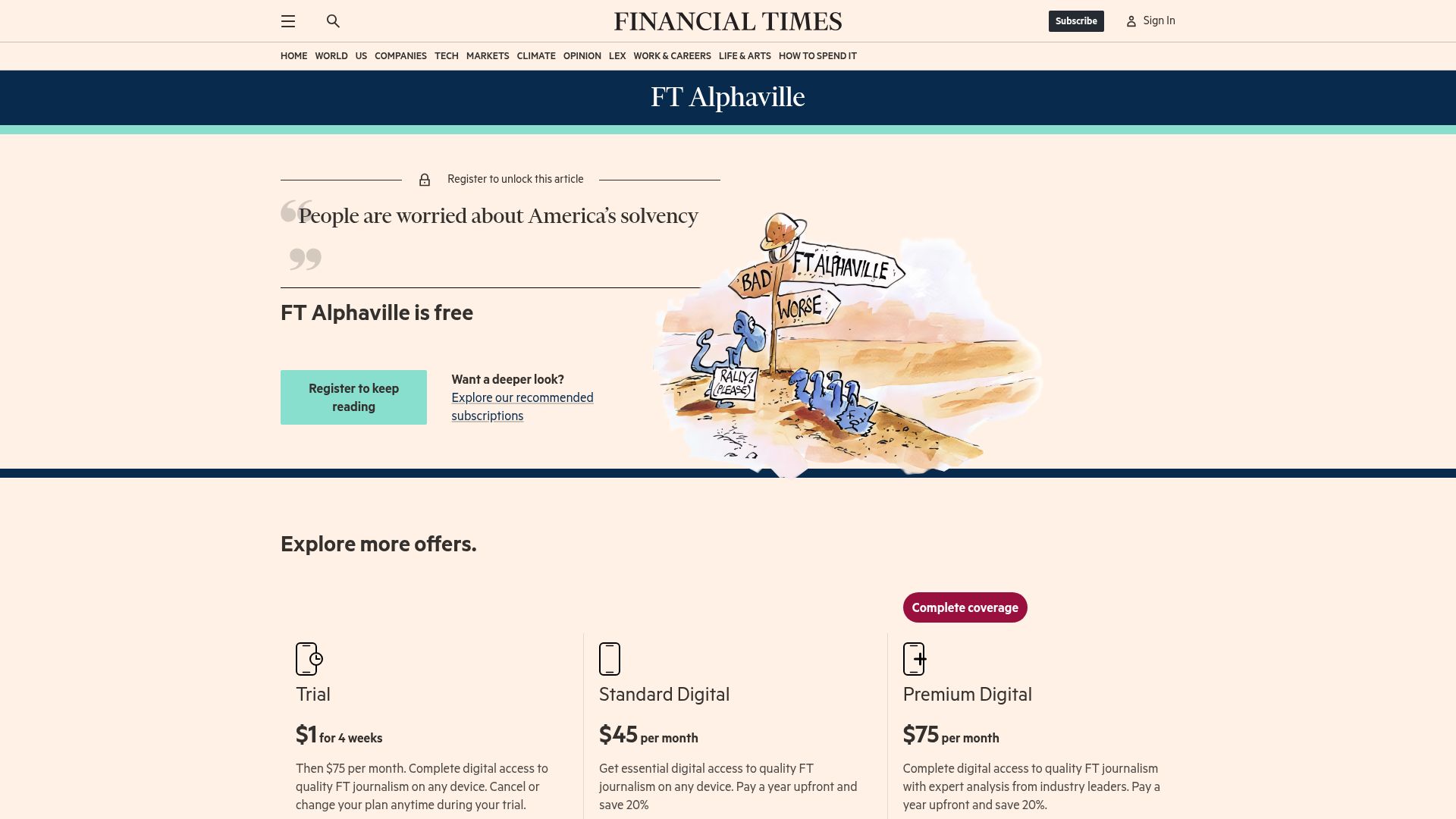 Screenshot of ft.com: People are worried about America's solvency