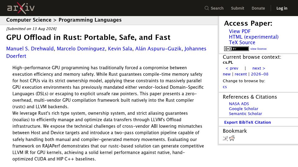 Screenshot of arxiv.org: GPU Offload in Rust: Portable, Safe, and Fast