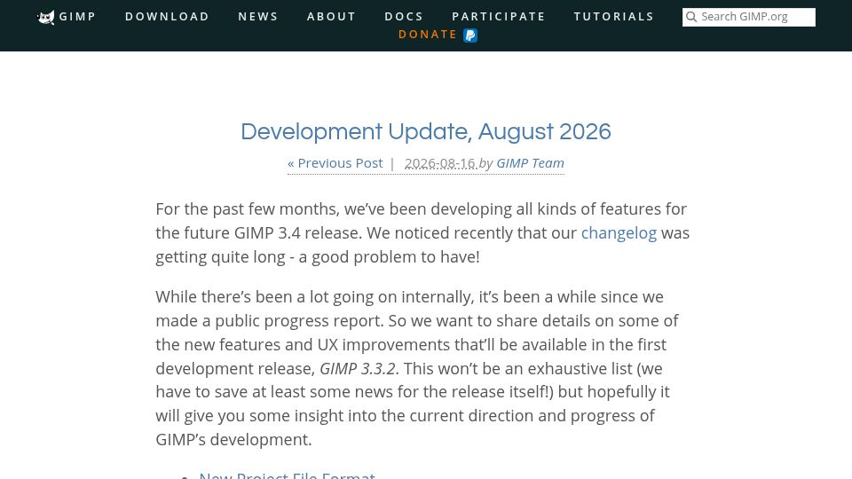Screenshot of gimp.org: GIMP Development Update