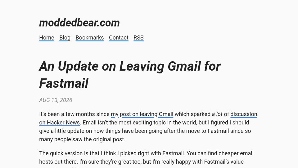 Screenshot of moddedbear.com: An update on leaving Gmail for Fastmail