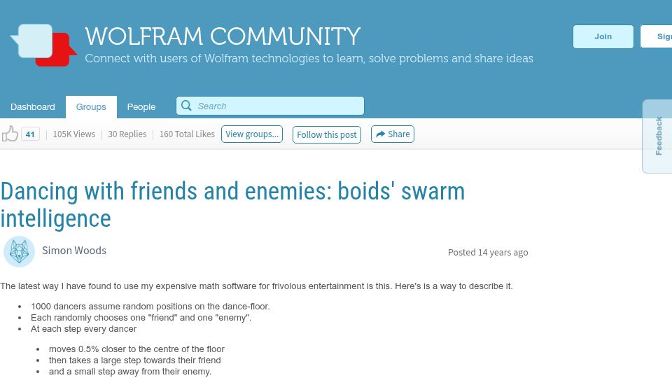Screenshot of community.wolfram.com: Dancing with friends and enemies: boids' swarm intelligence (2012)