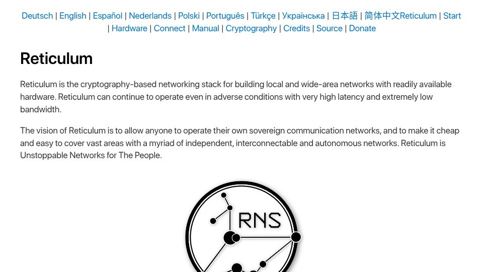 Screenshot of reticulum.network: Reticulum – Decentralized Mesh Network