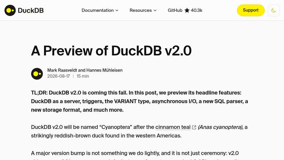 Screenshot of duckdb.org: A Preview of DuckDB v2.0