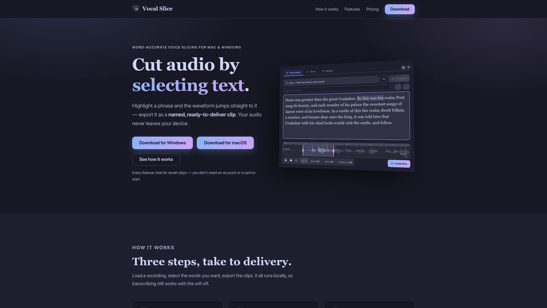 Screenshot of vocalslice.com: Show HN: Vocal Slice – Cut audio by selecting text, fully on-device