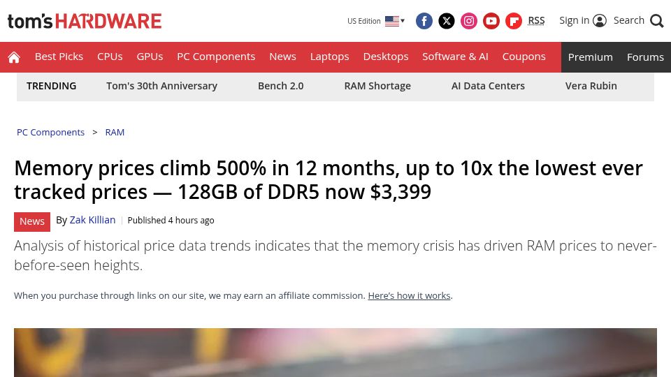 Screenshot of tomshardware.com: Memory prices climb 500% in 12 months