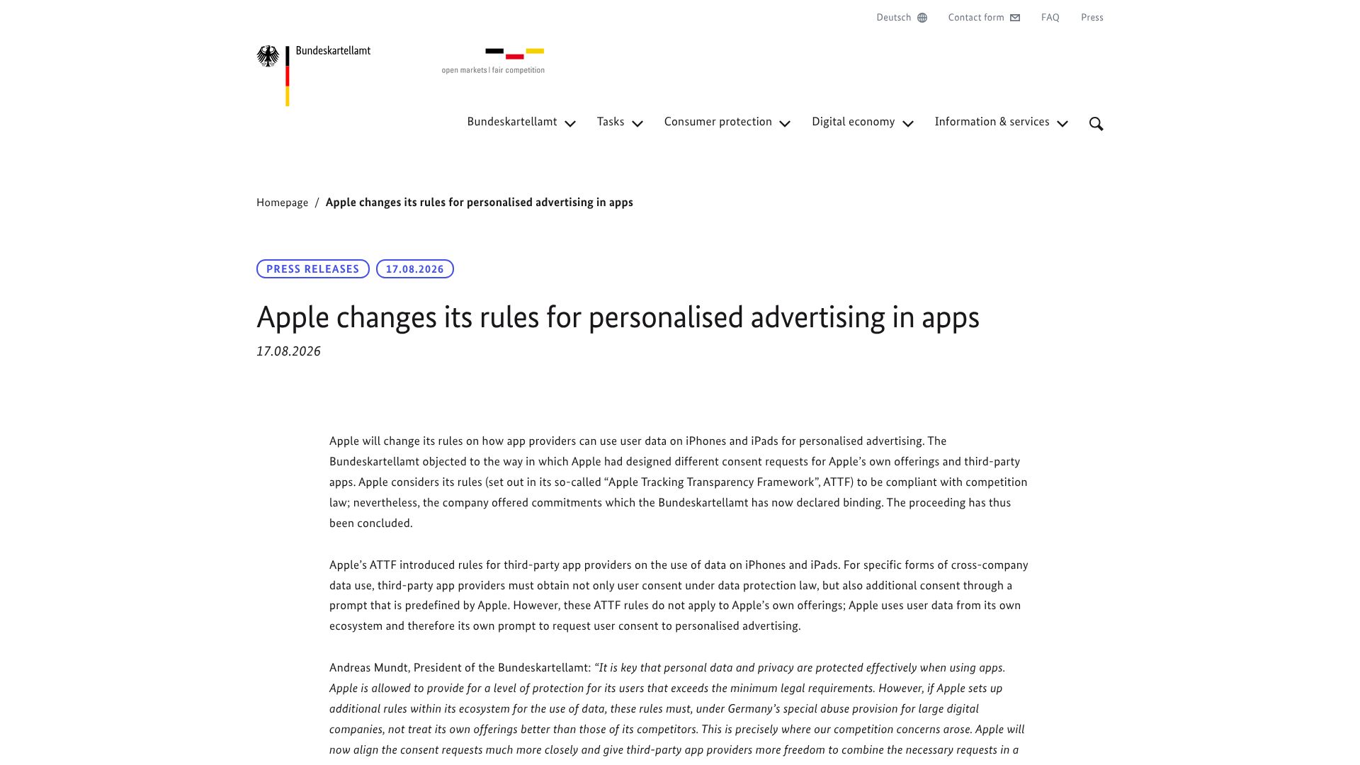 Screenshot of bundeskartellamt.de: Apple's App Tracking Transparency treated its own apps better than rivals