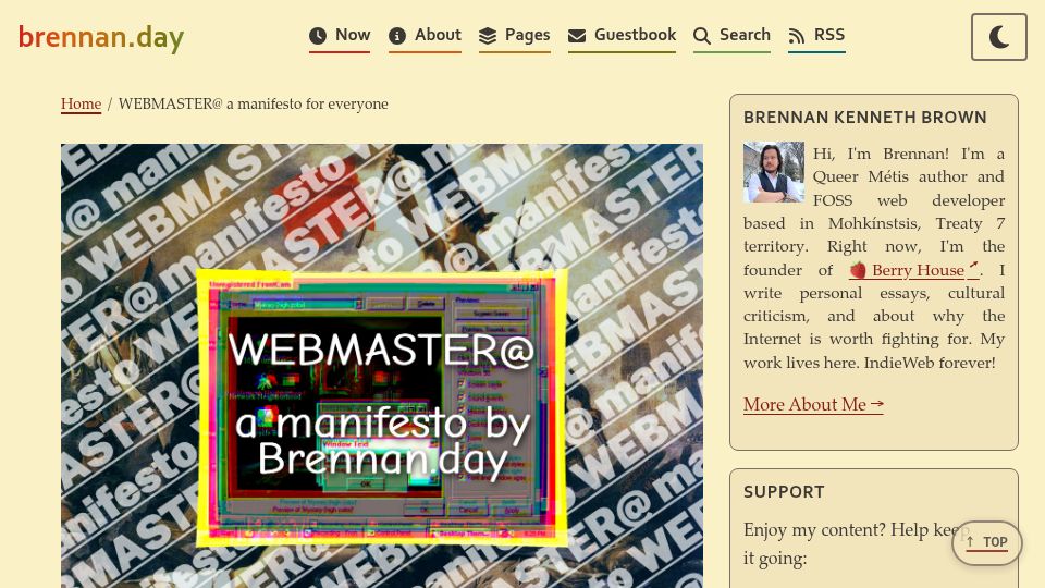 Screenshot of brennan.day: Webmaster a Manifesto for Everyone