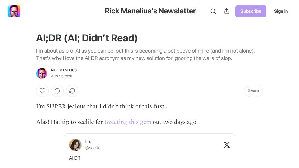 Screenshot of rickmanelius.com: AI;DR (AI; Didn't Read)
