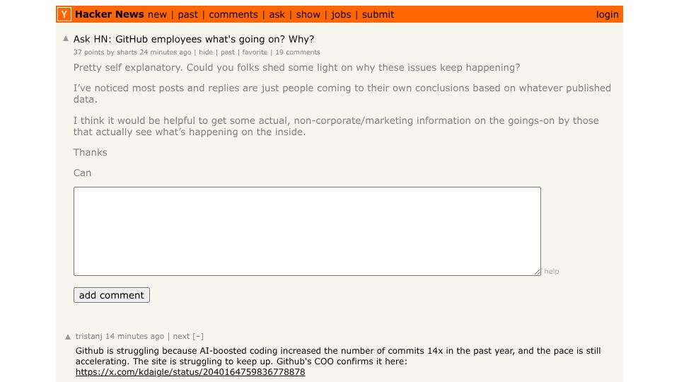 Screenshot of Hacker News post: Ask HN: GitHub employees what's going on? Why?