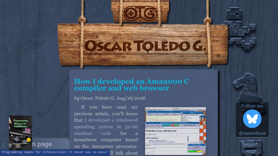 Screenshot of nanochess.org: How I developed an Am29000 C compiler and web browser