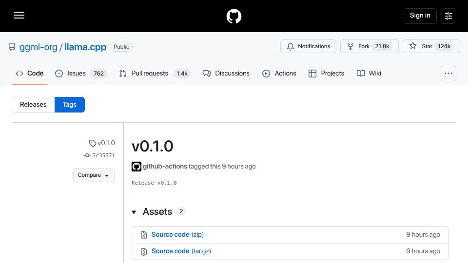 Screenshot of github.com: Llama.cpp v0.1.0
