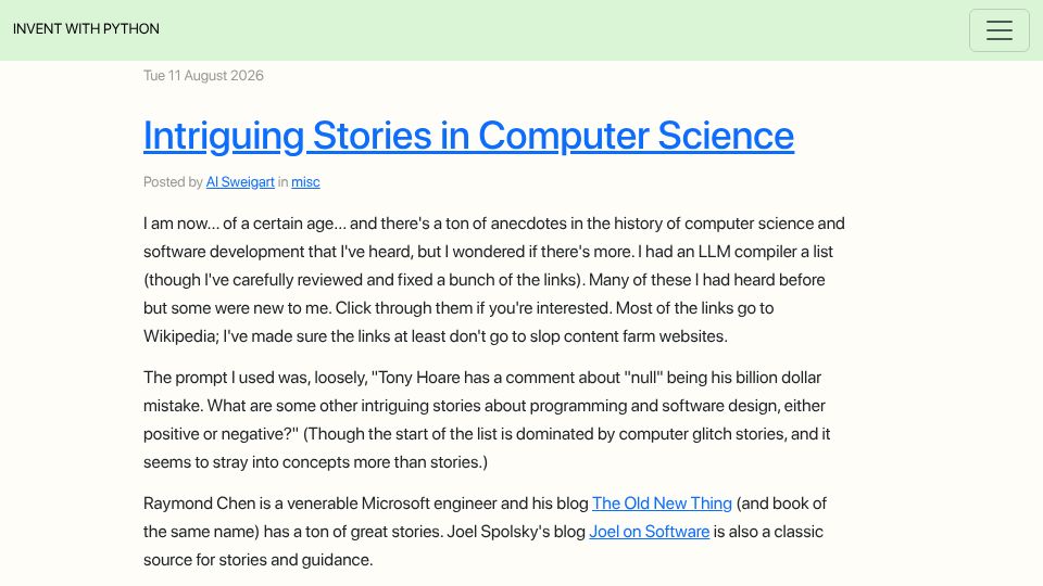 Screenshot of inventwithpython.com: Intriguing stories in computer science