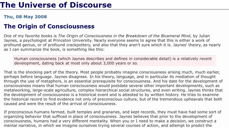 Screenshot of blog.plover.com: The Origin of Consciousness (2008)