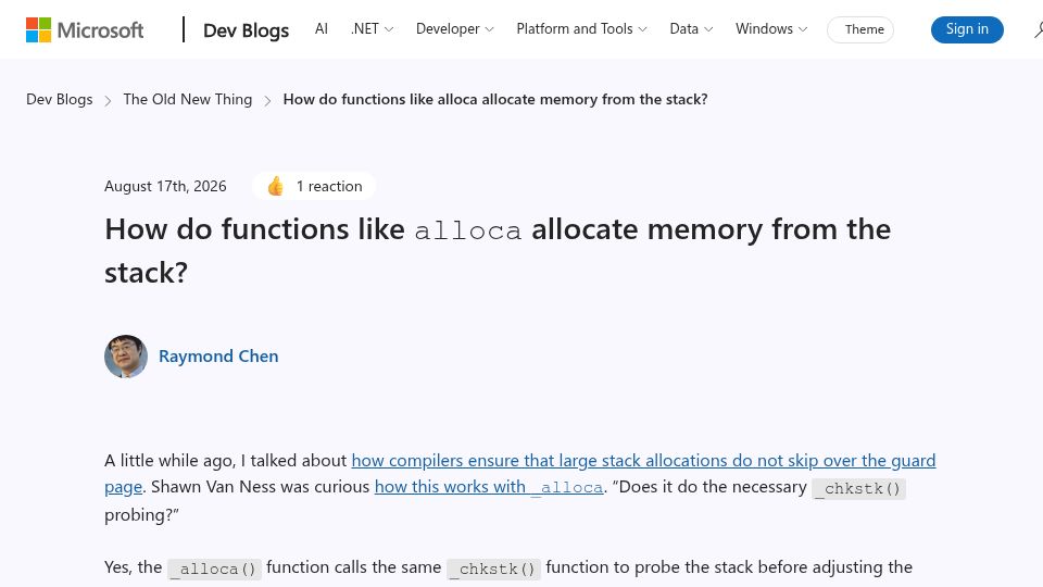 Screenshot of devblogs.microsoft.com: How do functions like alloca allocate memory from the stack?