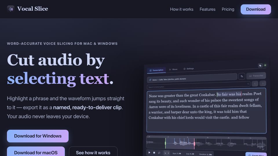 Screenshot of vocalslice.com: Show HN: Vocal Slice – Cut audio by selecting text, fully on-device
