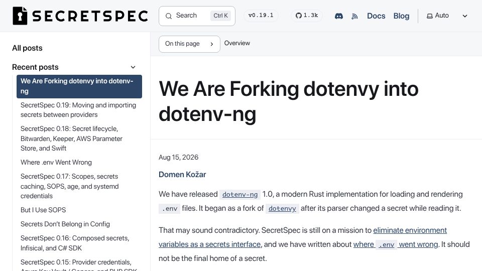 Screenshot of secretspec.dev: We Are Forking dotenvy into dotenv-ng