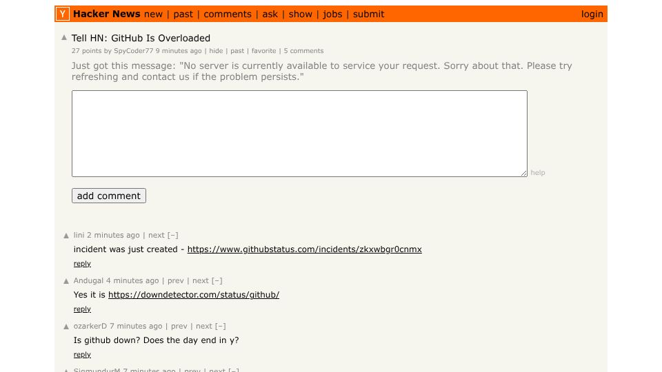 Screenshot of githubstatus.com: Incident with Github.com