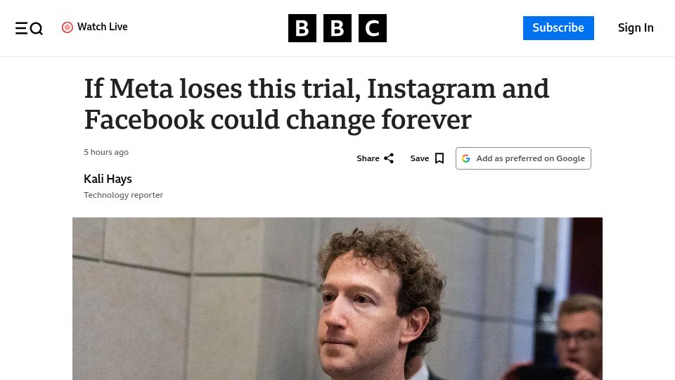 Screenshot of bbc.com: If Meta loses this trial, Instagram and Facebook could change forever