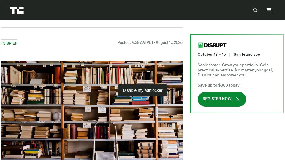 Screenshot of techcrunch.com: Amazon, which started off selling books, is destroying rare texts to train AI