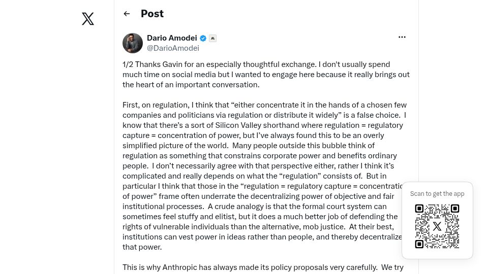 Screenshot of twitter.com: On AI regulation and messaging