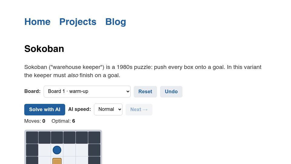 Screenshot of mkornreich.me: Show HN: Sokoban AI Solver