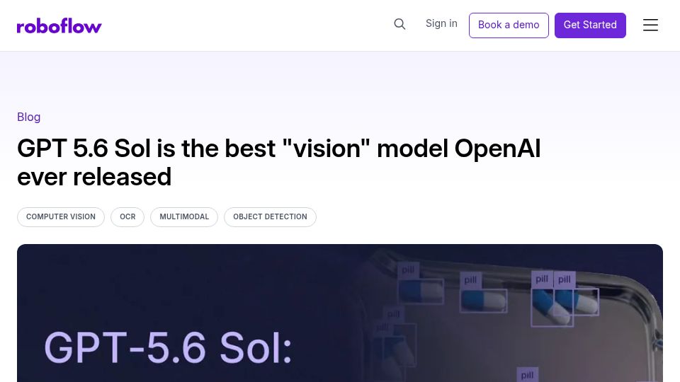 Screenshot of blog.roboflow.com: GPT 5.6 Sol is the best "vision" model OpenAI ever released