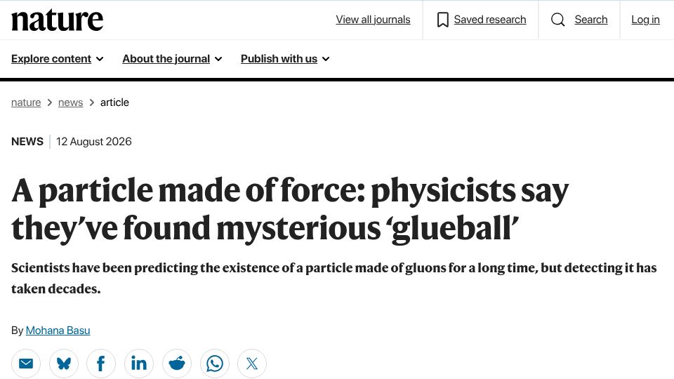 Screenshot of nature.com: A particle made of force: physicists say they've found mysterious 'glueball'