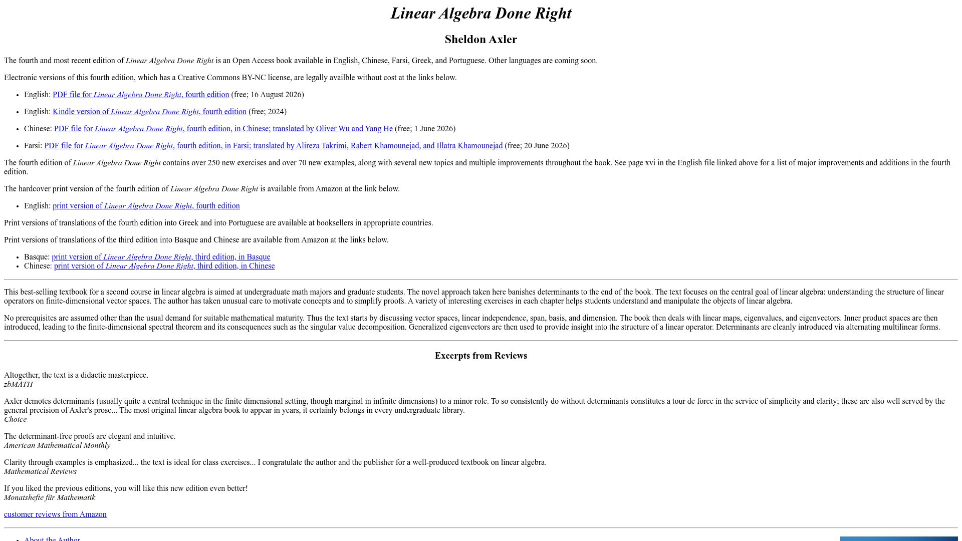 Screenshot of linear.axler.net: Linear algebra done right
