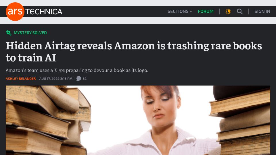 Screenshot of arstechnica.com: AirTag reveals Amazon is trashing rare books to train AI