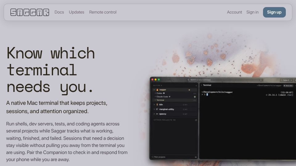 Screenshot of saggar.marginalutility.dev: Show HN: Saggar, a Mac terminal that keeps sessions and your attention organized