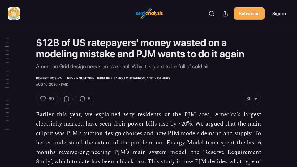 Screenshot of newsletter.semianalysis.com: $12B of US ratepayers' money wasted on a modeling mistake in PJM