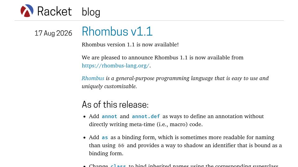 Screenshot of blog.racket-lang.org: Rhombus 1.1 is now available