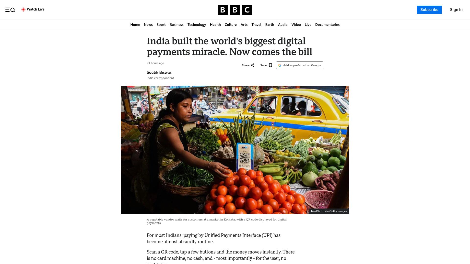 Screenshot of bbc.com: India has paved the way for charging merchants a fee on UPI transactions