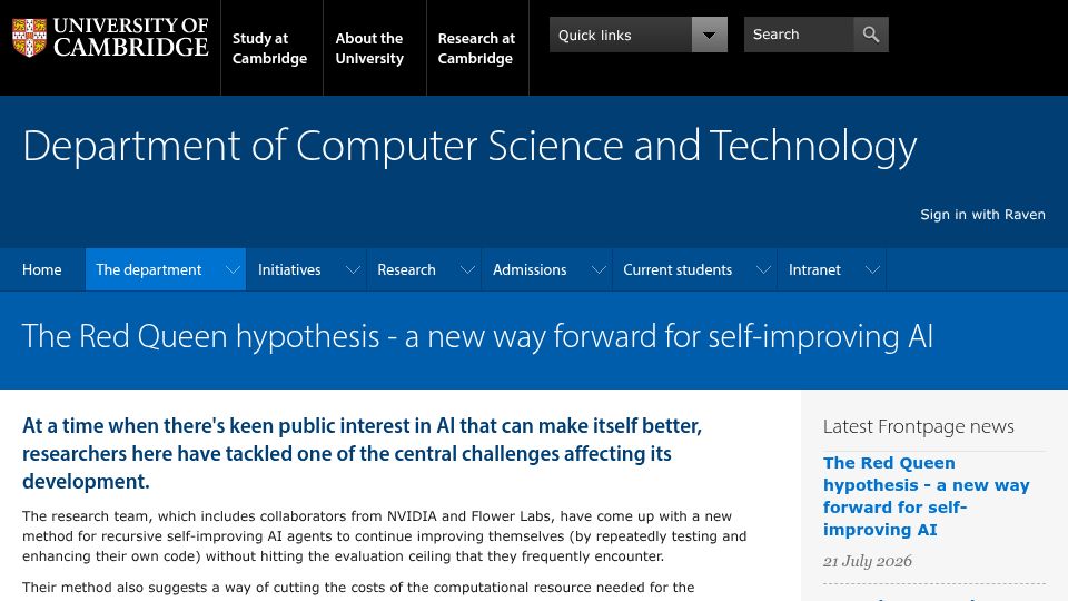 Screenshot of cst.cam.ac.uk: Red queen hypothesis – A new way forward for self-improving AI