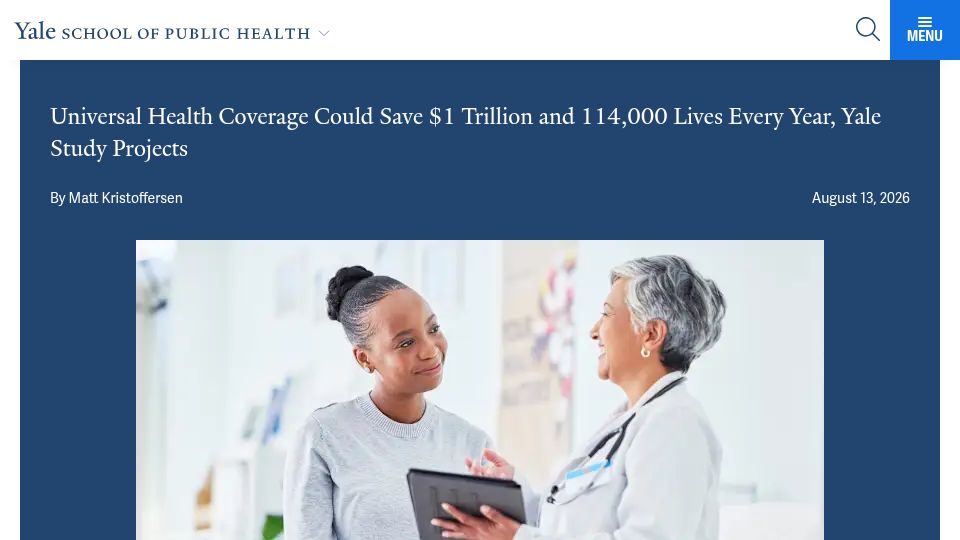 Screenshot of ysph.yale.edu: Universal health coverage could save $1T and 114k lives a year: study
