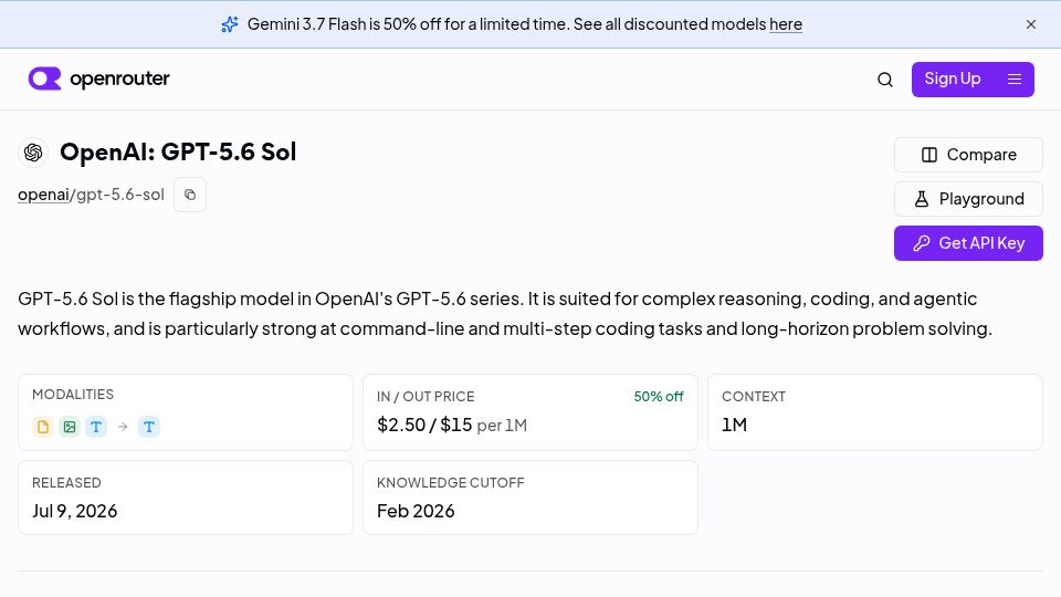 Screenshot of openrouter.ai: GPT-5.6 Sol Pricing Cut by 50%