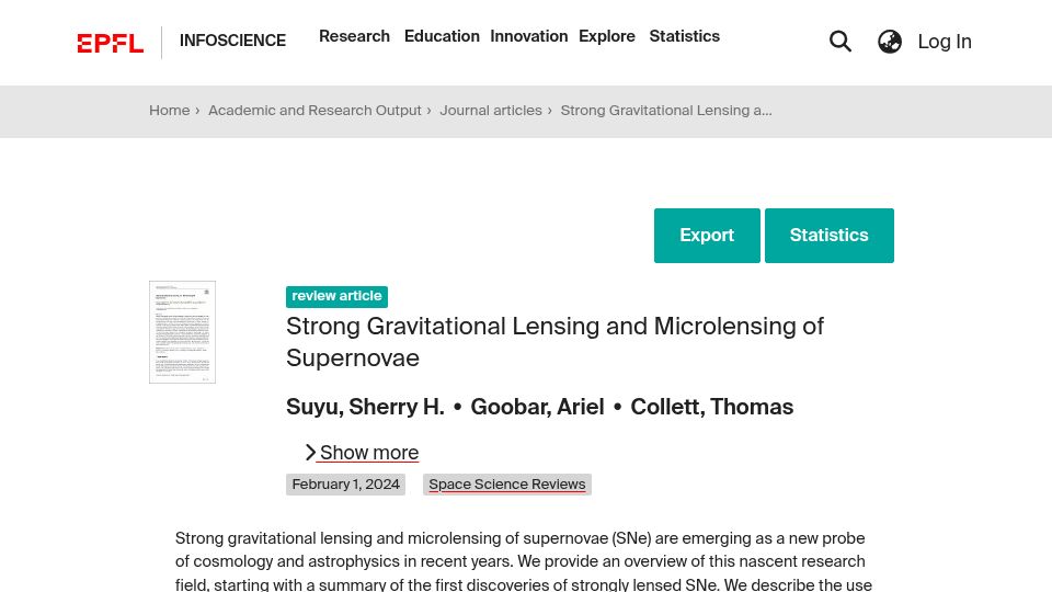 Screenshot of infoscience.epfl.ch: Strong gravitational lensing and microlensing of supernovae (2024)