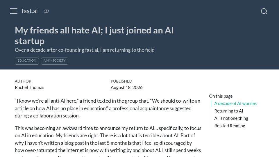 Screenshot of fast.ai: My friends all hate AI; I just joined an AI startup