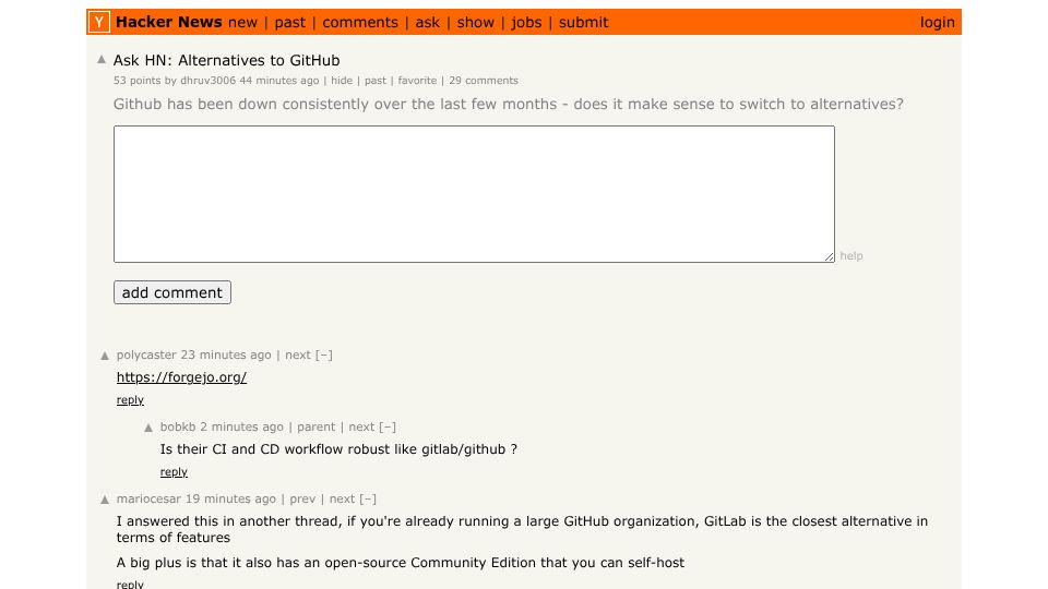 Screenshot of Hacker News post: Ask HN: Alternatives to GitHub
