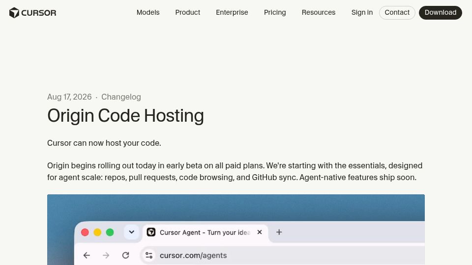 Screenshot of cursor.com: Cursor launches Origin, GitHub alternative